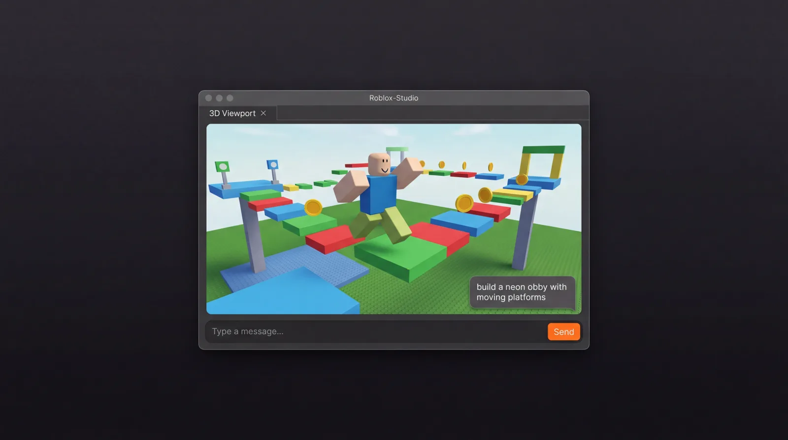 Bakable building a Roblox obby by chat inside Studio — blocky avatar, floating platforms, tuned for Roblox style and gameplay
